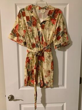 Sezane Floral Cream and Red Short Sleeve Jumpsuit Romper